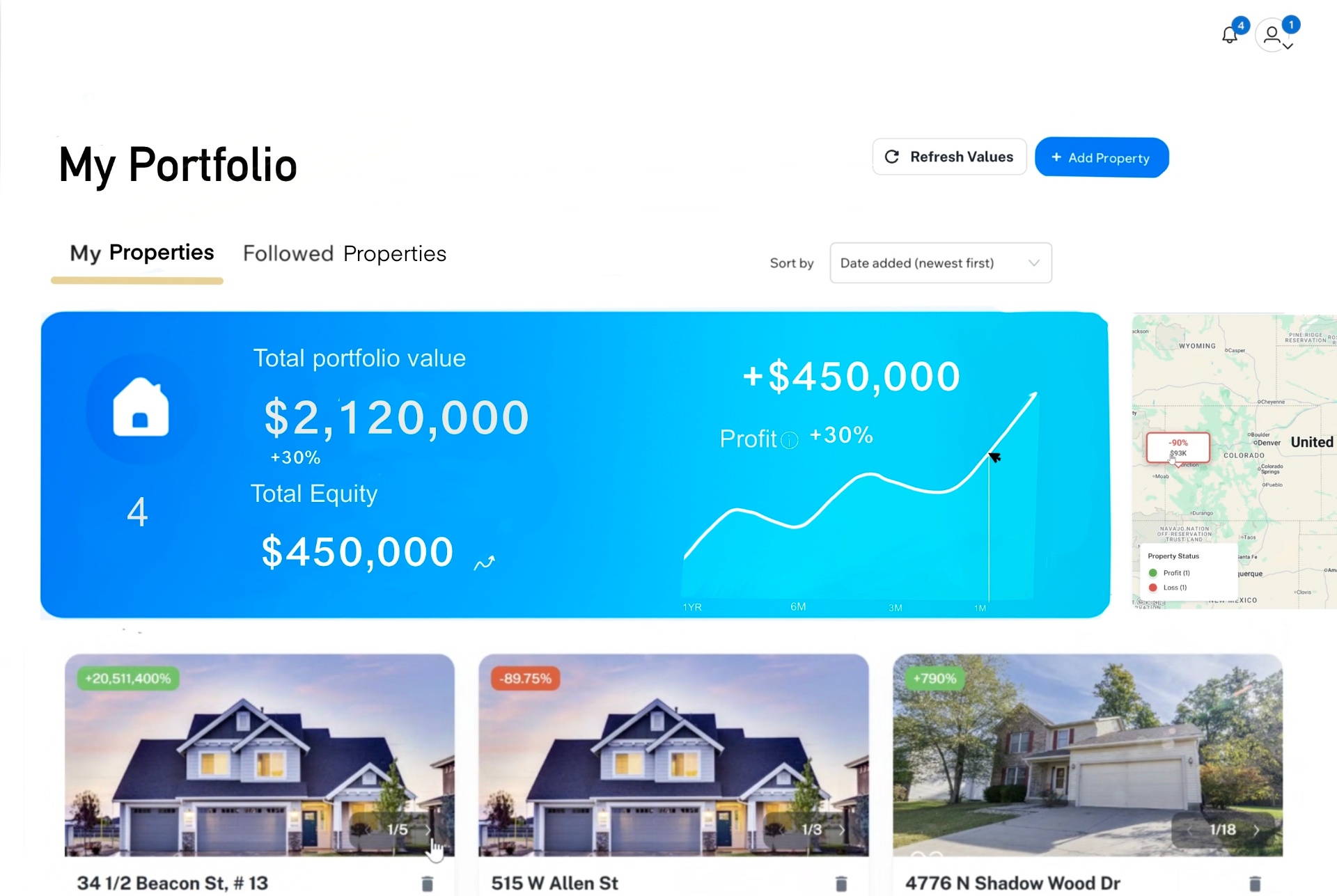 Portfolio Tracker interface showing property values, equity tracking, and performance metrics